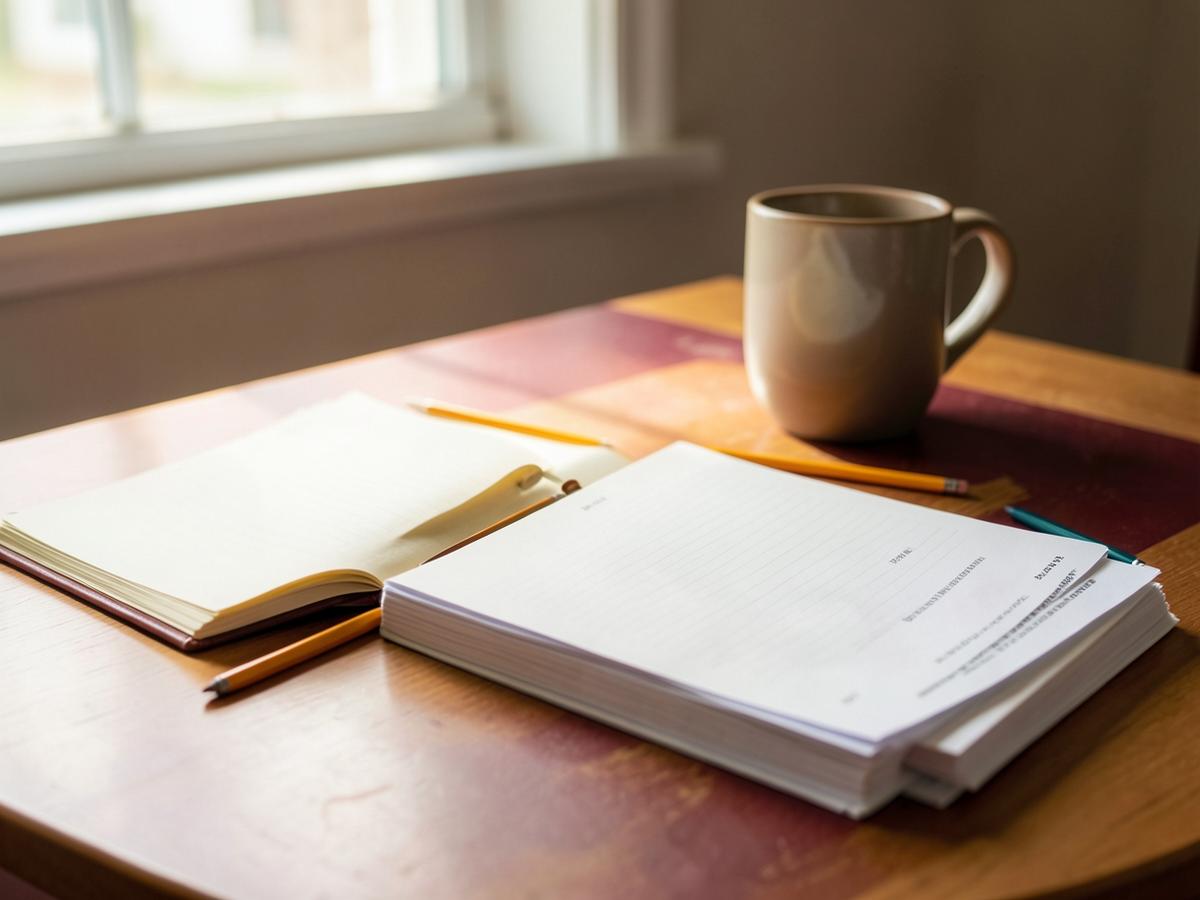 Teacher's desk with an open notebook, pencils and a stack of papers